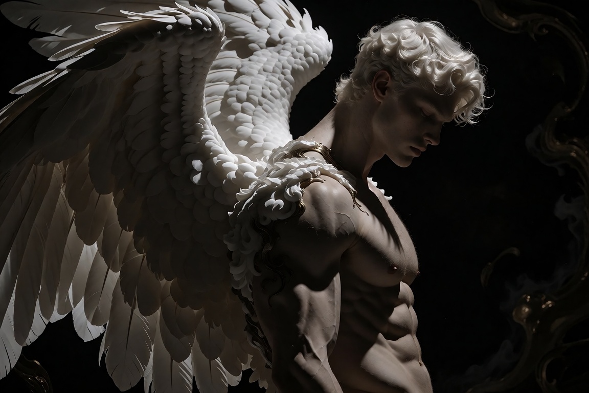 dramatic,  high-contrast studio photograph of a shirtless young man with short,  wavy on Tensor.Art