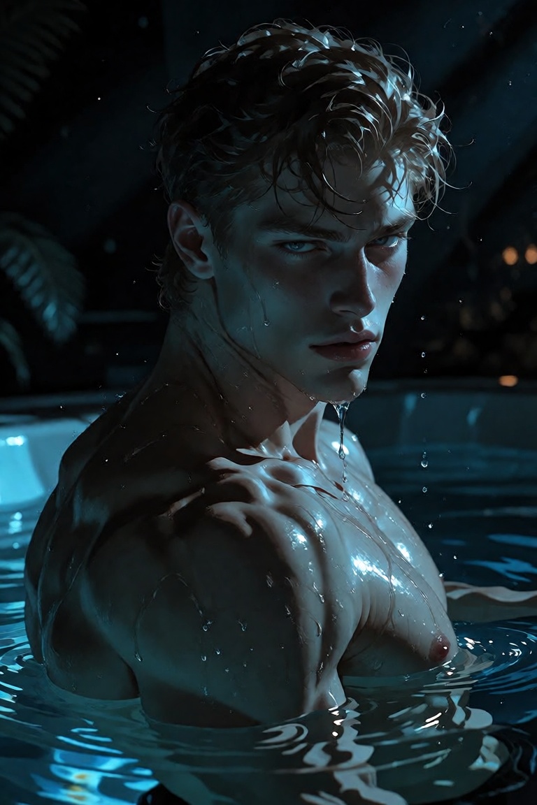 A dramatic,  low-angle,  medium close-up photograph of a shirtless young man with wet on Tensor.Art