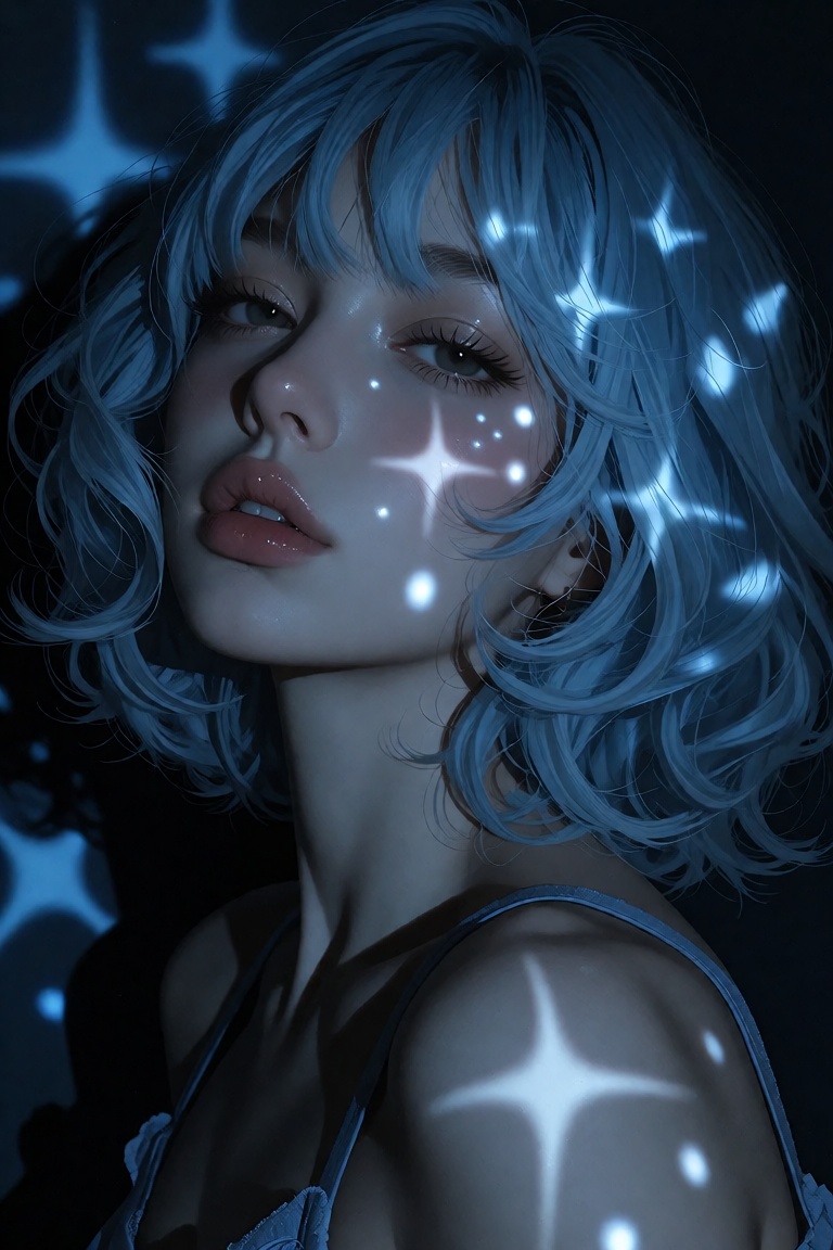 A cinematic close-up portrait focusing on a young woman with expressive dark eyes,  a soft nose structure,  gently defined...