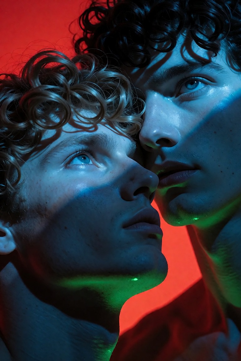 Extreme close-up portrait of two young men with curly hair,  heads together and gazing upward. The scene is dramatically i...