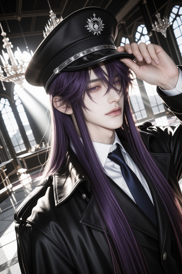 Ultra realistic portrait of a handsome young man with long straight deep violet hair,  smooth silky hair flowing naturally...