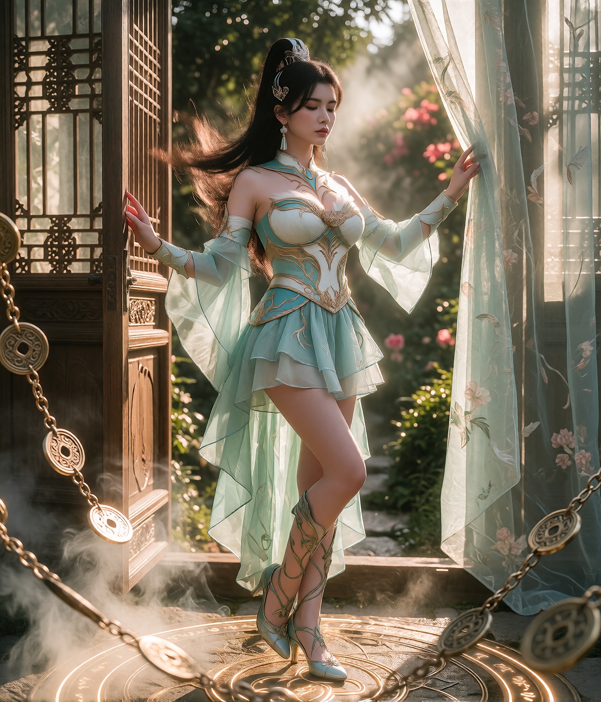 A woman stands in an elegant,  three-quarter pose inside a wooden doorway,  resting her right hand against an open lattice...