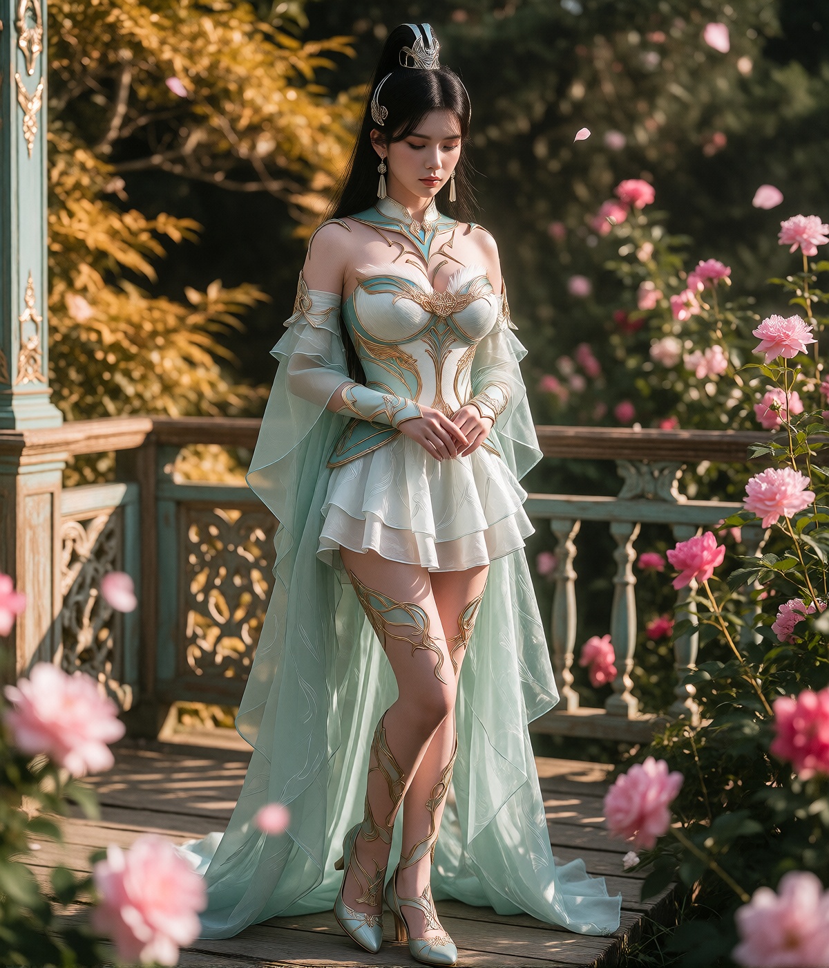 A elegant woman stands in a poised,  upright stance on a wooden platform,  gently clasping her hands together in front of...