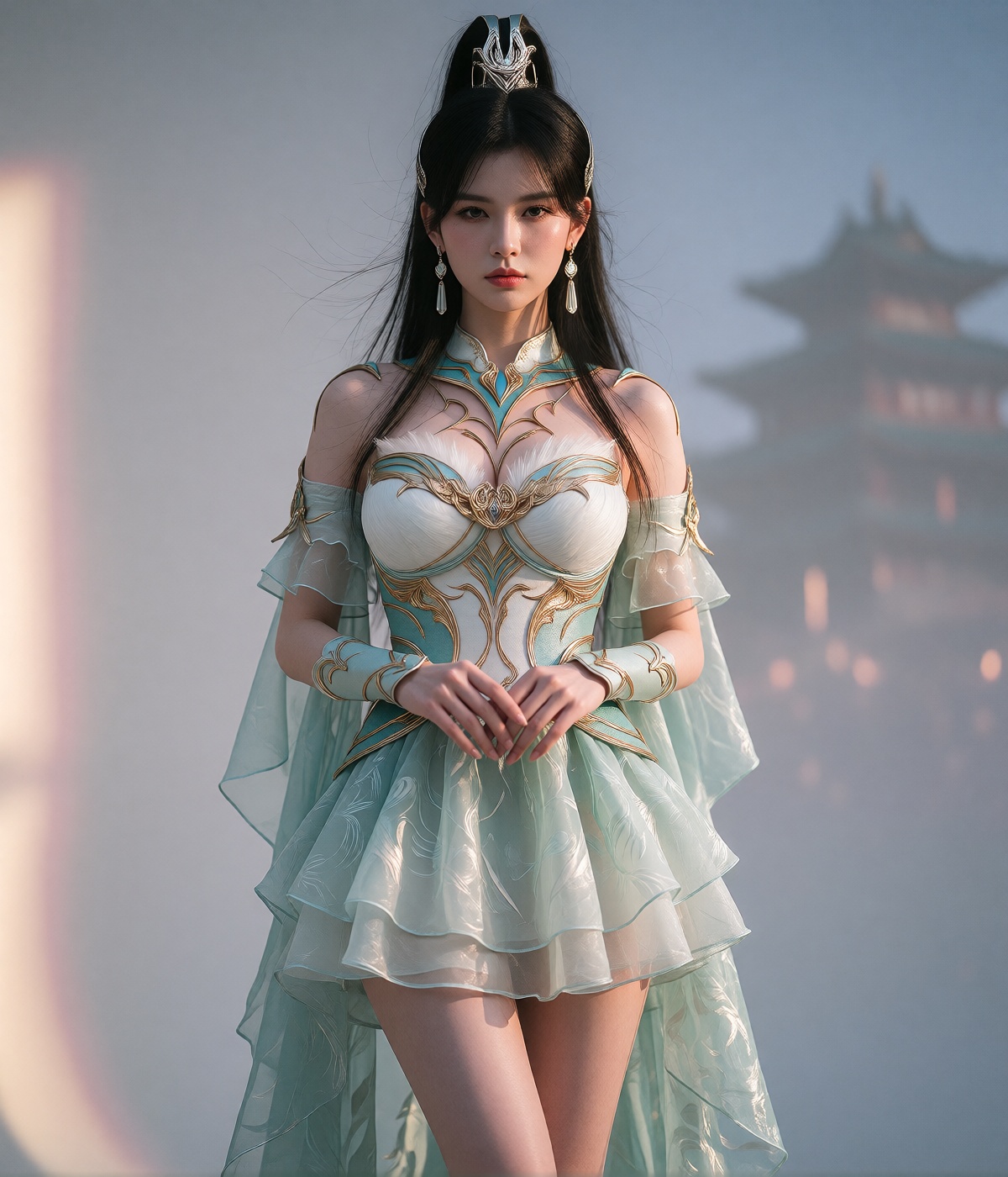 The woman stands in a poised,  three quarter full length pose,  holding her hands gently clasped together in front of her...