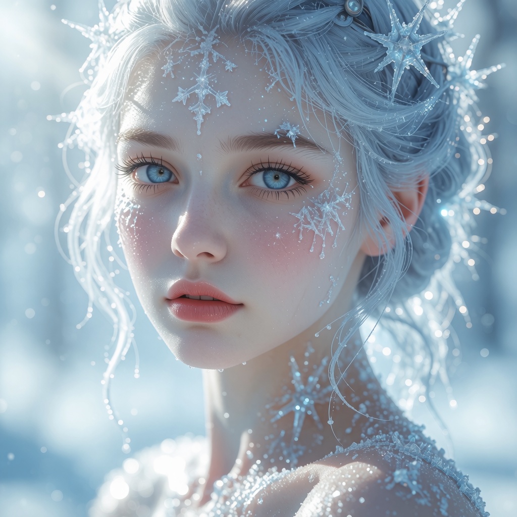 In this close-up digital portrait,  a young woman with a serene expression embodies an ethereal,  wintry theme. Her shimme...