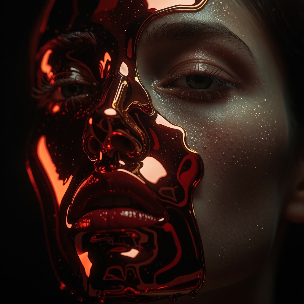 hyper-close portrait of a woman’s face emerging through a surface of liquid red mercury,  the metallic fluid stretched and...