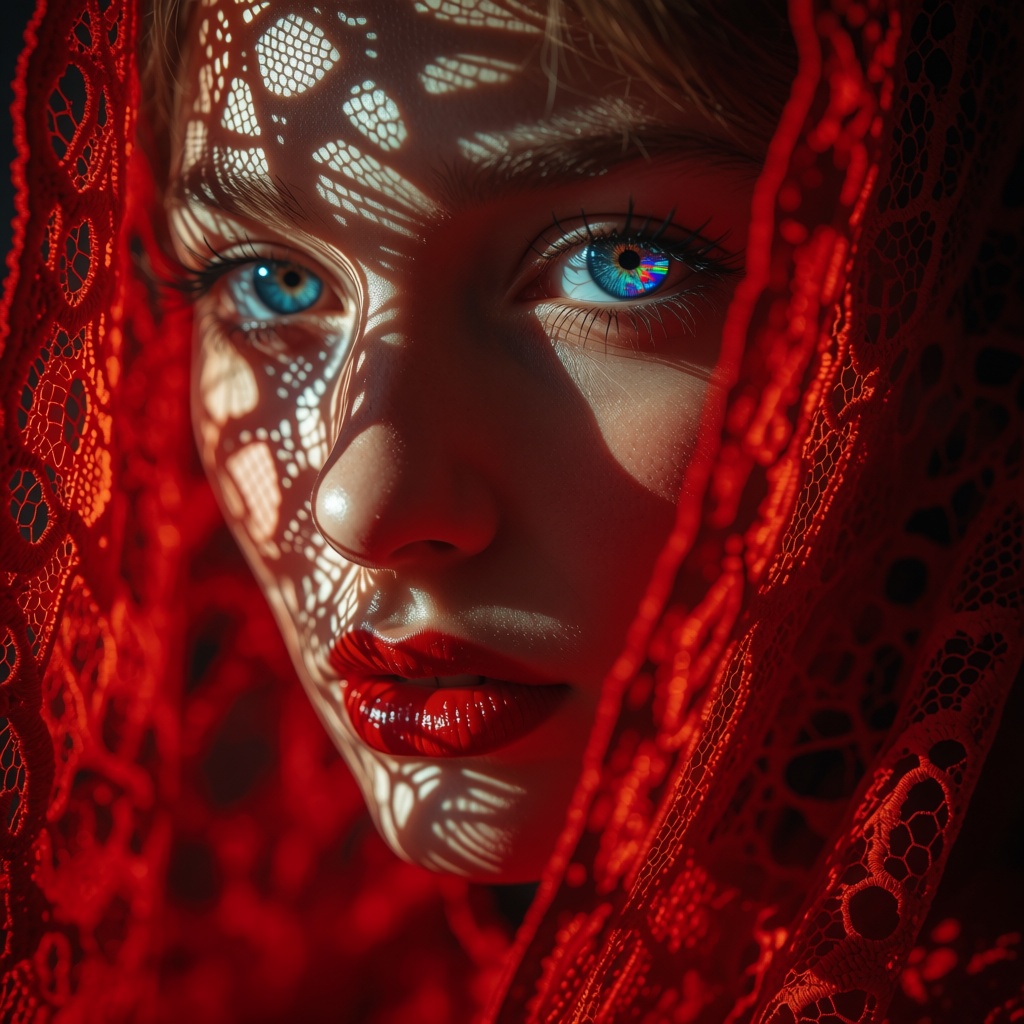 This is a close-up photograph of a woman's face,  bathed in dramatic,  red-tinted light. The image focuses on her face on...