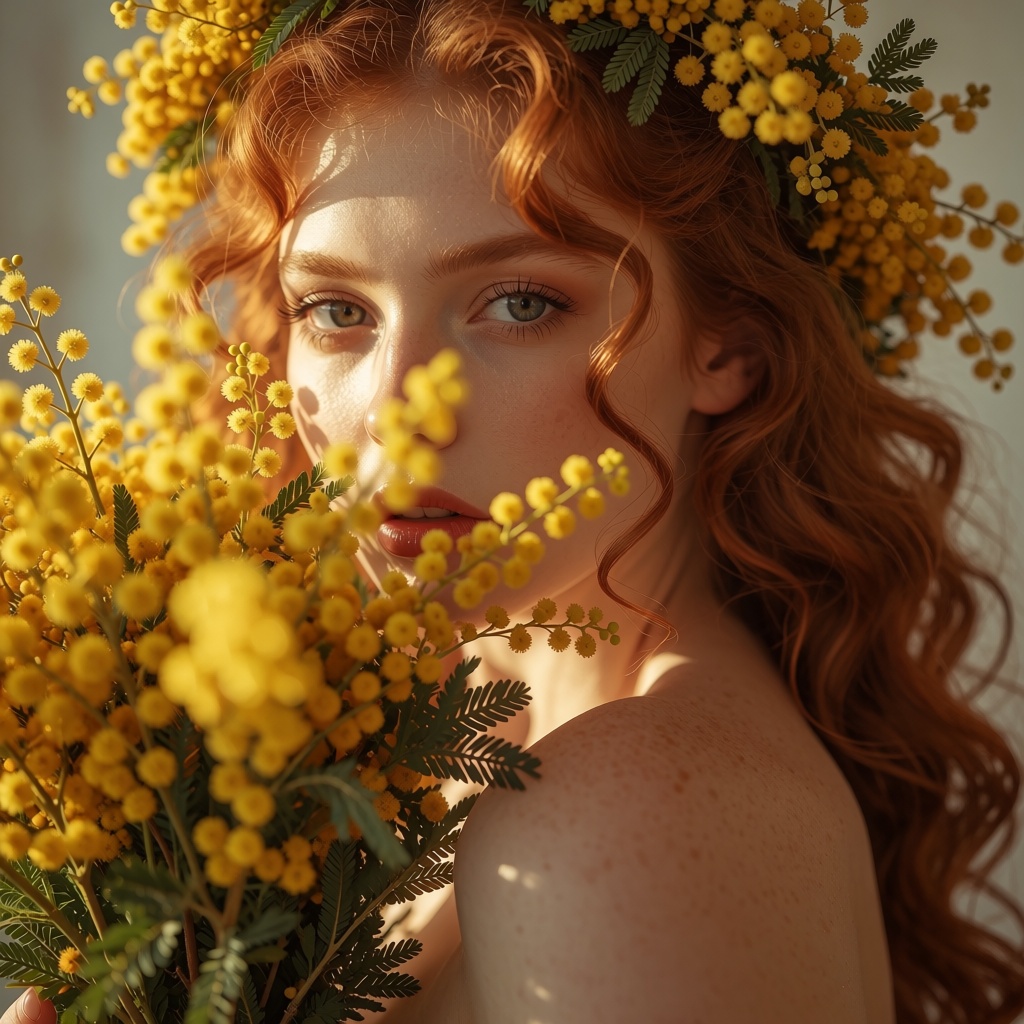 A close-up of the face and shoulder in the morning light at golden hour. She looks directly into the camera,  her eyes exp...