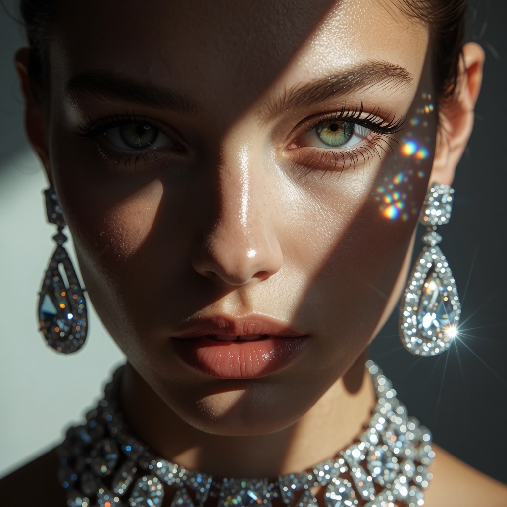 high-fashion portrait features a woman with striking green eyes,  captured in a dramatic play of light and shadow that emp...