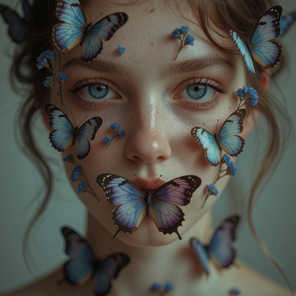 Create a close-up,  ethereal portrait of a woman. She has striking blue eyes. Her face and hair are adorned with delicate...