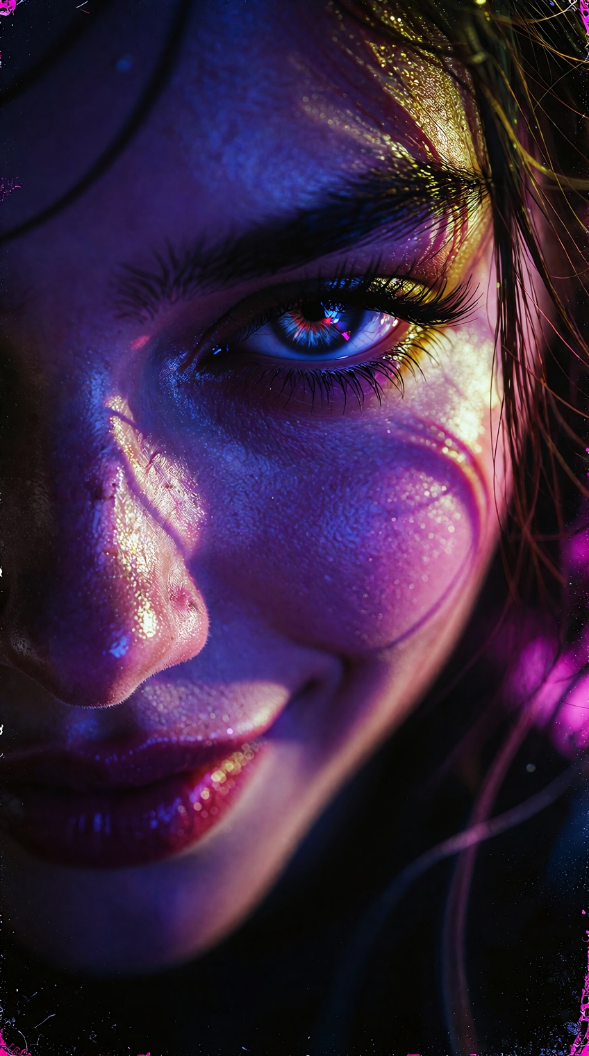A hyper-realistic,  tightly cropped close-up of a young woman's face,  where only half of her smirking mouth and one glitc...