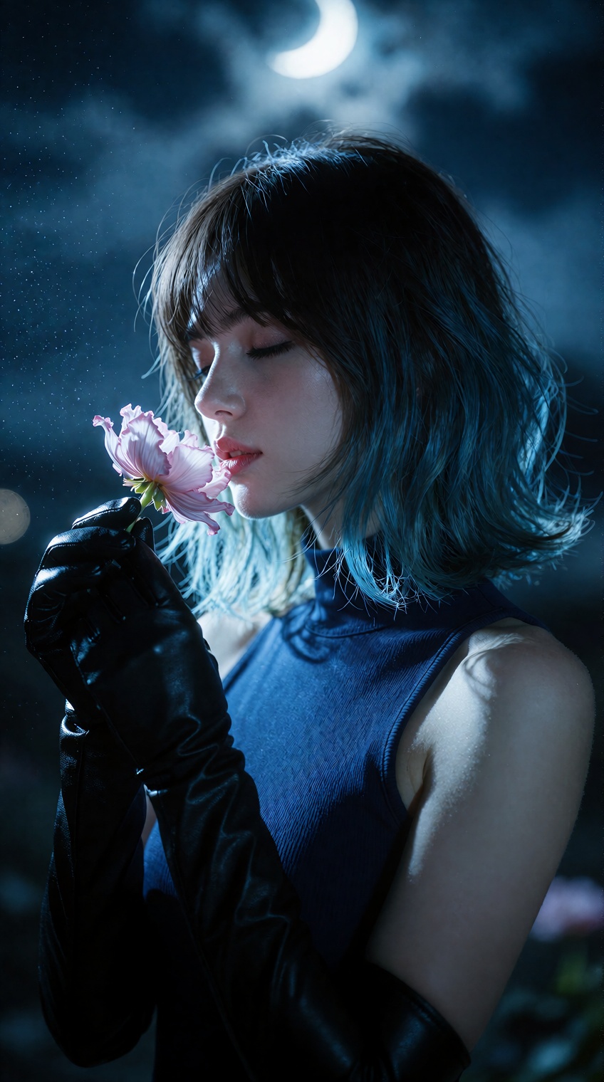 A cinematic,  ethereal portrait of a young woman with shoulder-length dark hair featuring teal-blue tips and soft bangs,...