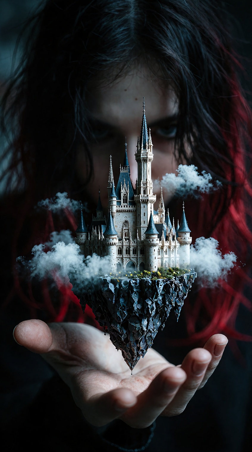 a surreal close-up shot focusing on a human hand holding a floating,  miniature gothic castle island. The castle features...