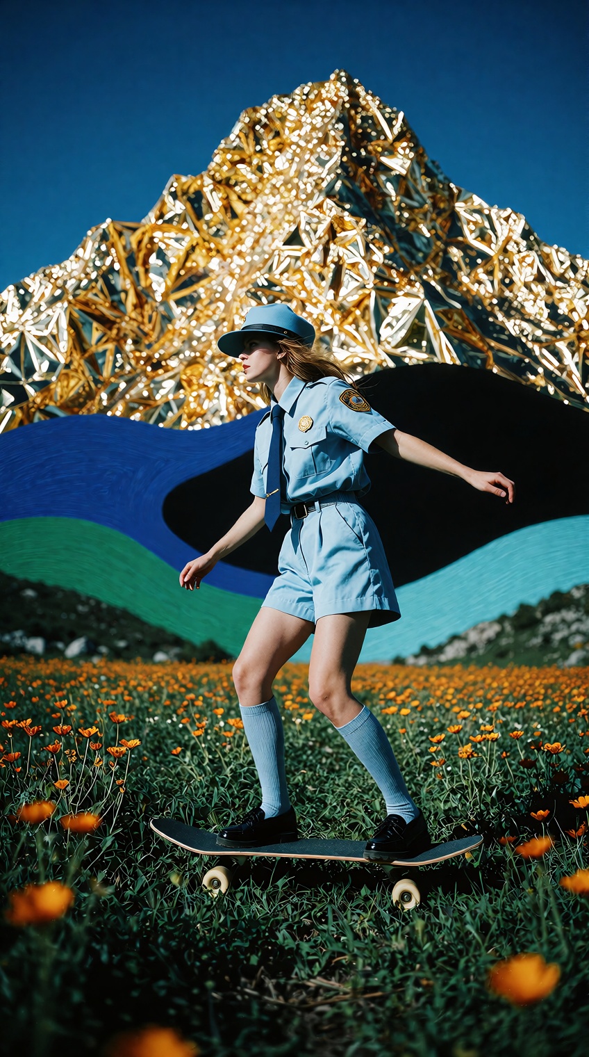 A surreal,  cinematic full-body profile shot of a young woman captured in a quirky,  pop-surrealism collage aesthetic. She...