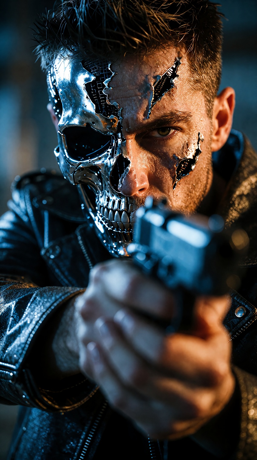 In a tense,  cinematic close-up,  a battle-damaged man with a stern expression aims a handgun directly forward. The right...