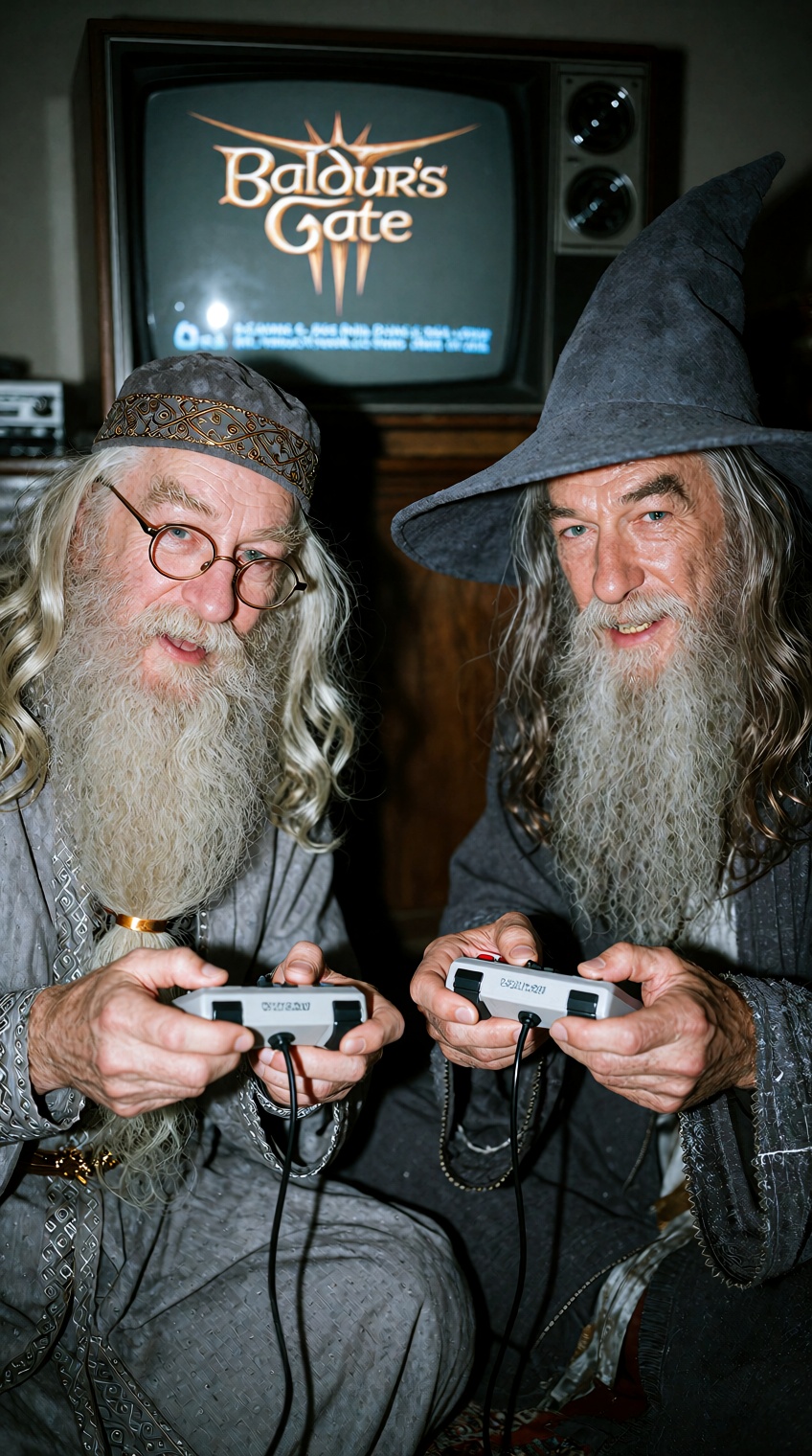 this is an ******* photo taken from smartphone,  casual photo. a medium shot of Dumbledore and Gandalf sitting on the floo...