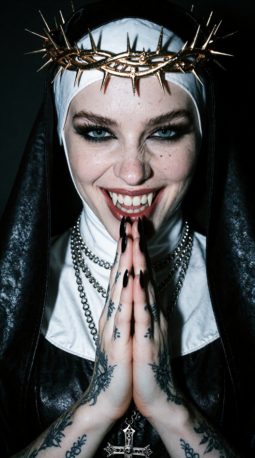 Raw photo,  close-up portrait of a gothic vampire nun smirking with hands folded in prayer,  showing sharp fangs. She wear...