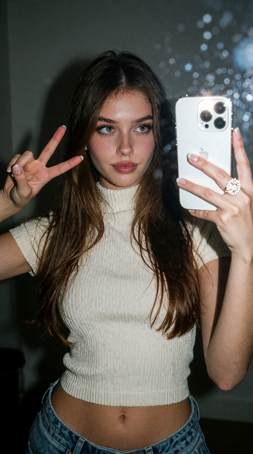 A young woman with long,  straight chestnut-brown hair takes a mirror selfie,  holding a white smartphone in her left hand...