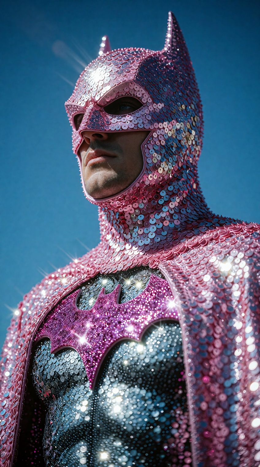 A cinematic,  low-angle medium shot of a handsome superhero with a chiseled jawline,  wearing a sleek cowl with pointed ea...