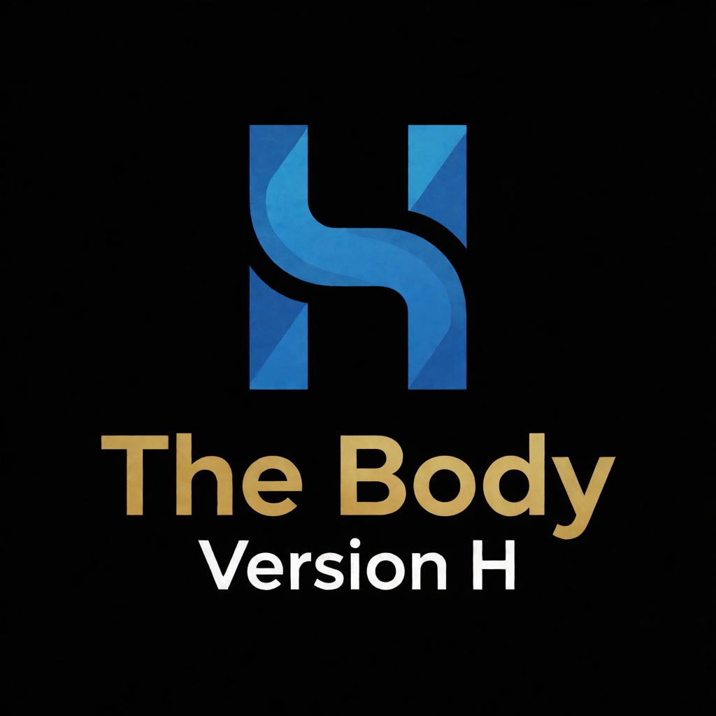a blue logo of the letter "H",  above the golden text "The Body" underneath white text "Version H",  black background on T...