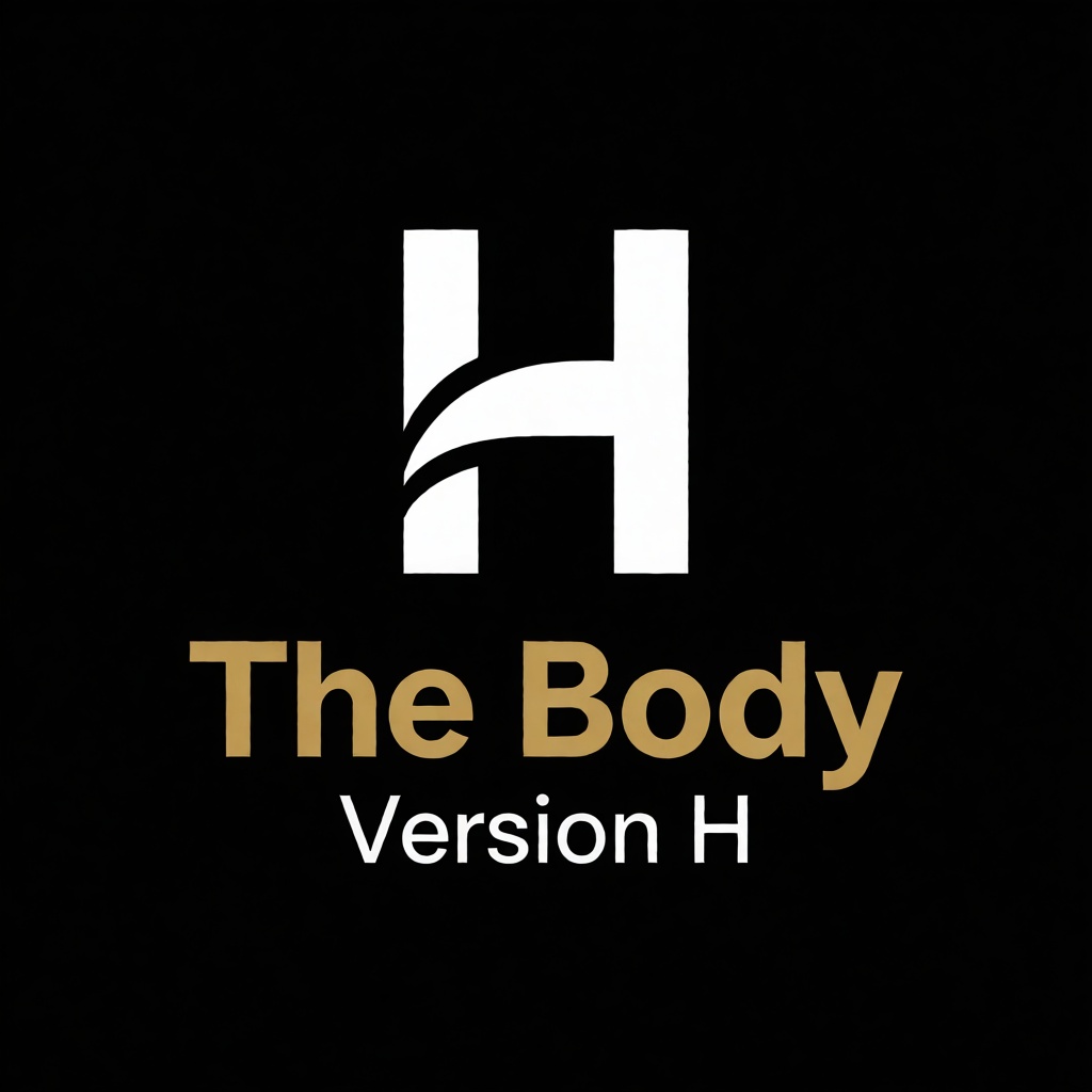 a white logo of the letter "H",  above the golden text "The Body" underneath white text "Version H",  black background on...