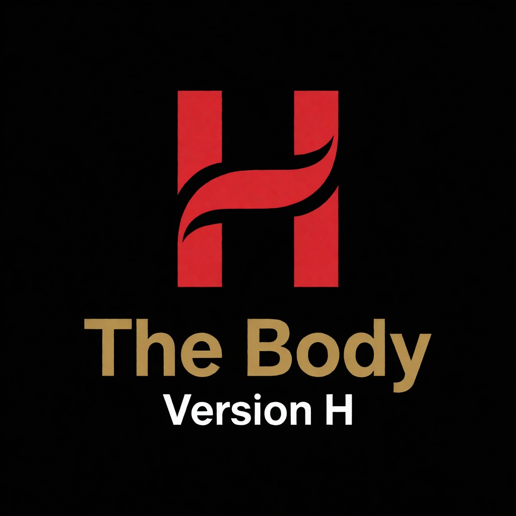 a red logo of the letter "H",  above the golden text "The Body" underneath white text "Version H",  black background on Te...