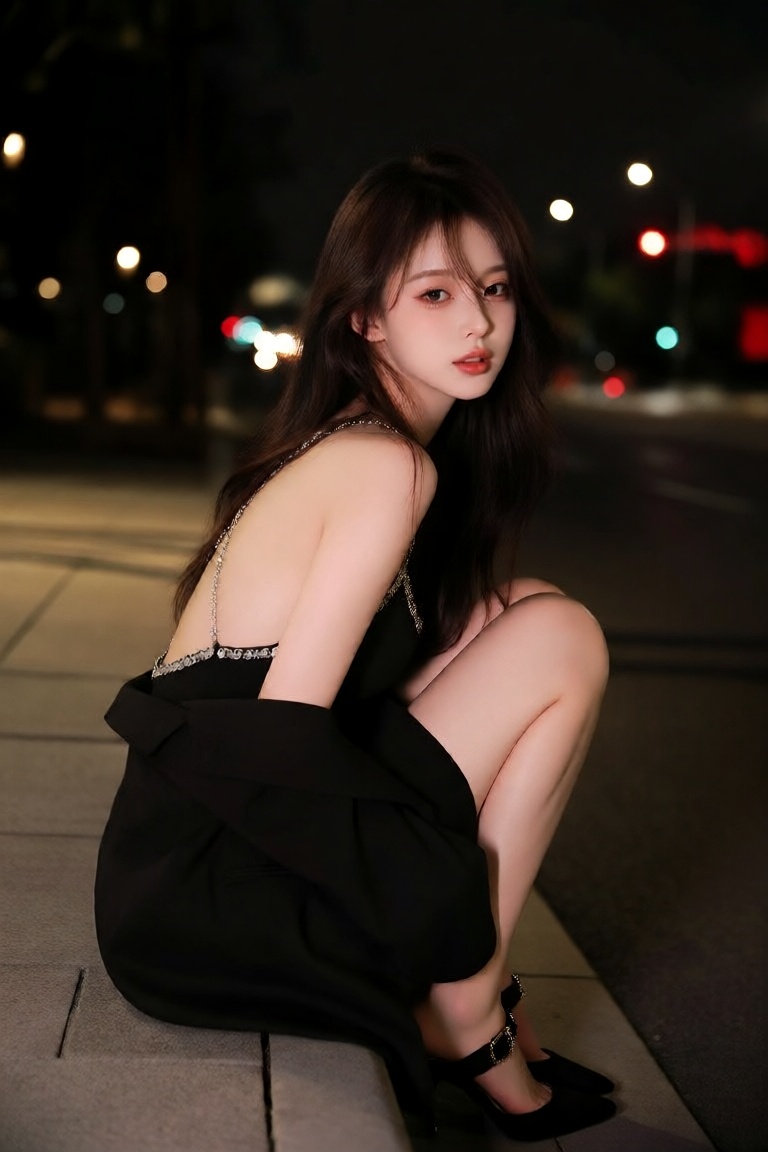 the photograph features a young woman with long,  straight,  dark brown hair and fair skin on Tensor.Art