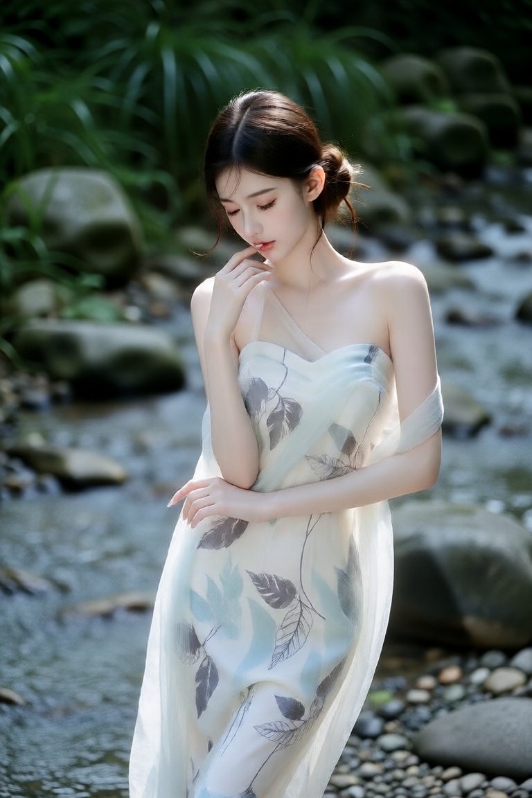 this photograph features a young asian woman standing in a serene,  natural setting by a shallow,  rocky stream on Tensor.Art