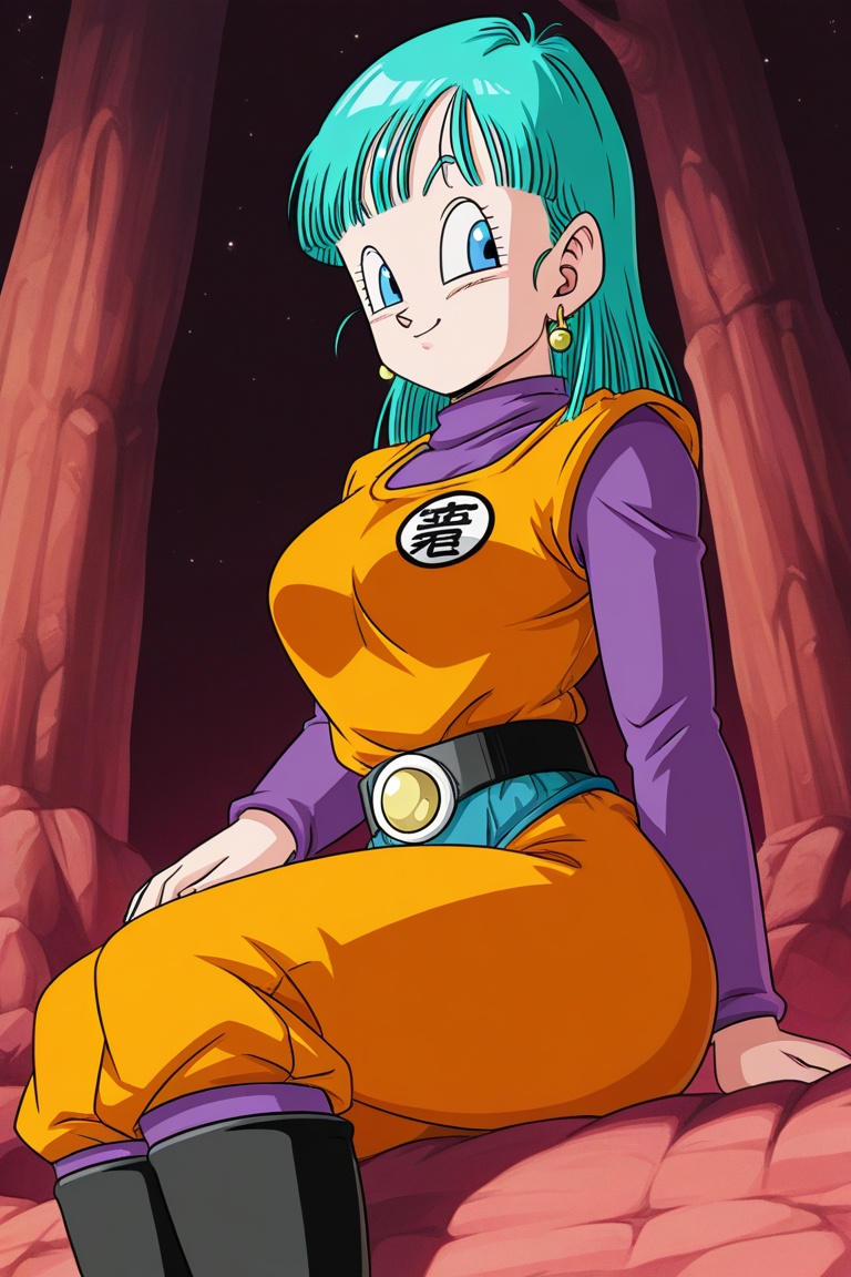 bulma from Dragon Ball Z,  sitting,  look at viewer on Tensor.Art