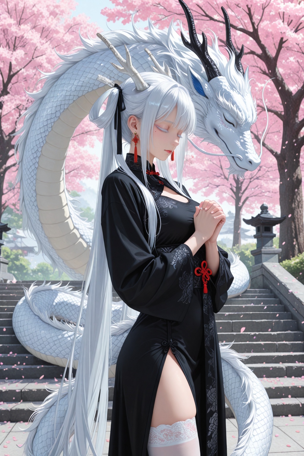 1girl,  horns,  cherry blossoms on Tensor.Art