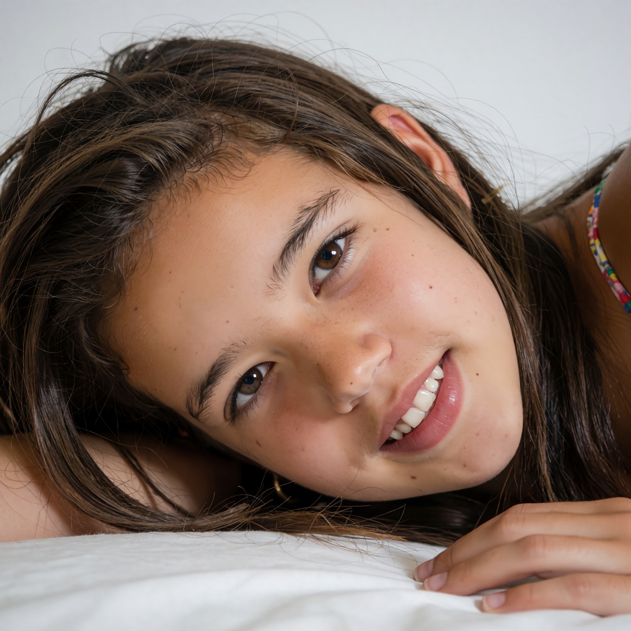 A close‑up,  photorealistic portrait of a teenage girl with messy hair,  lying on a plain white surface on Tensor.Art