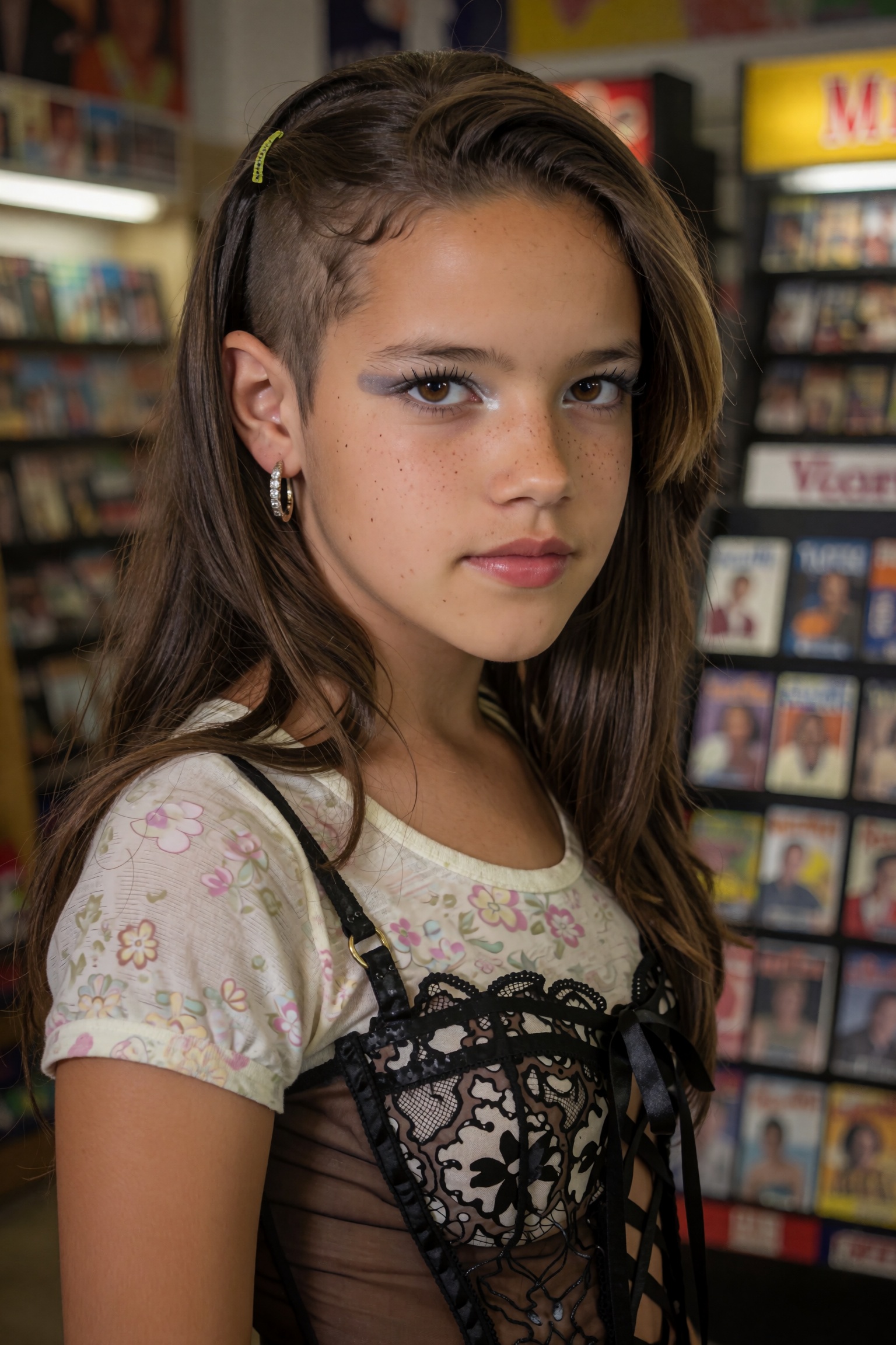 Create a close-up image of a teenaged girl with light brown undercut hair. Her expression is a blend of quiet confidence a...
