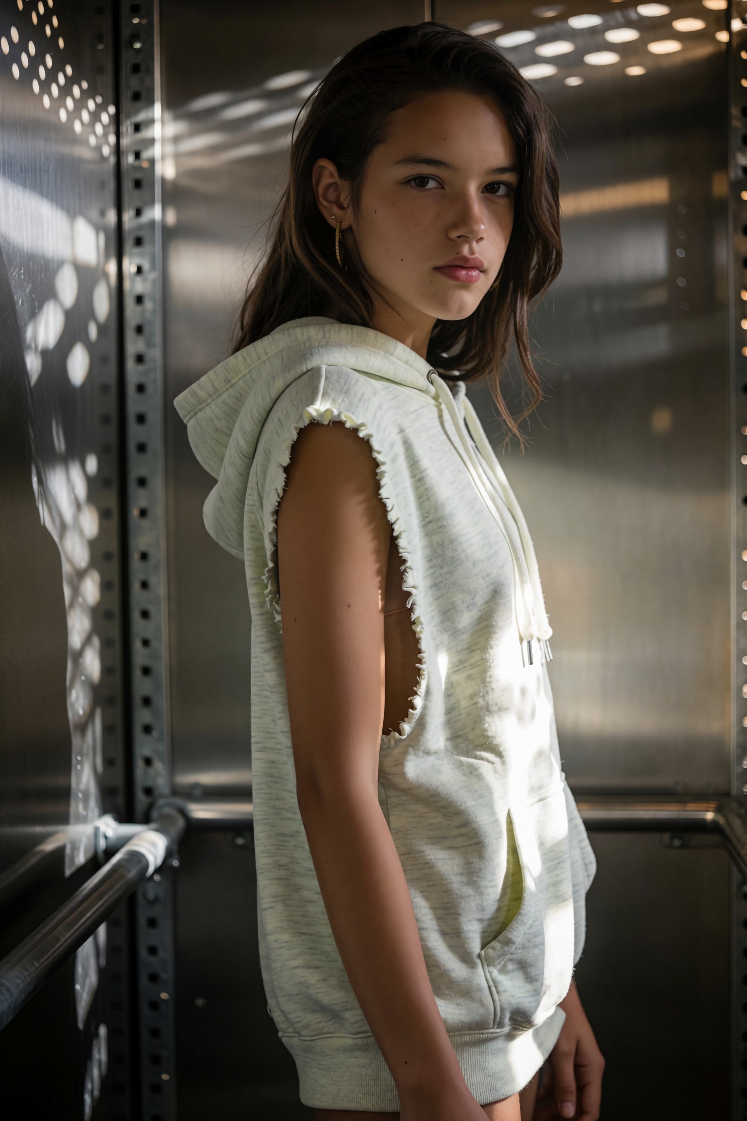 A medium-close,  high-angle shot captures a young woman positioned vertically within a cramped,  brushed-steel elevator sh...
