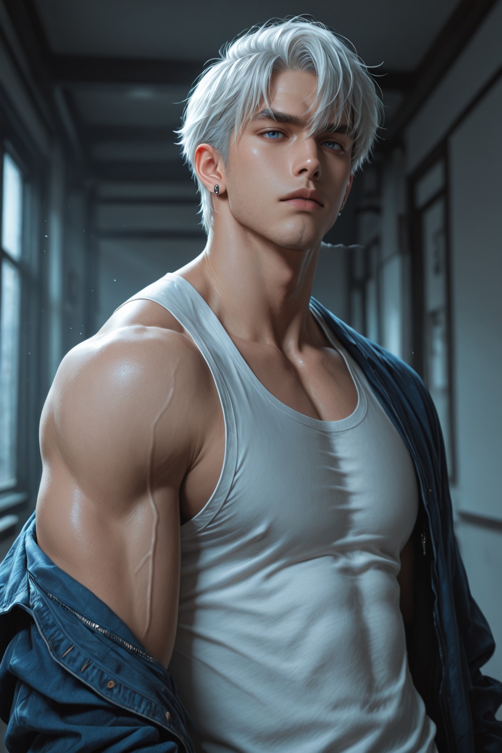 ........ .......... ,  solo looking at viewer short hair bangs blue eyes shirt 1boy jewelry jacket white shirt upper body...
