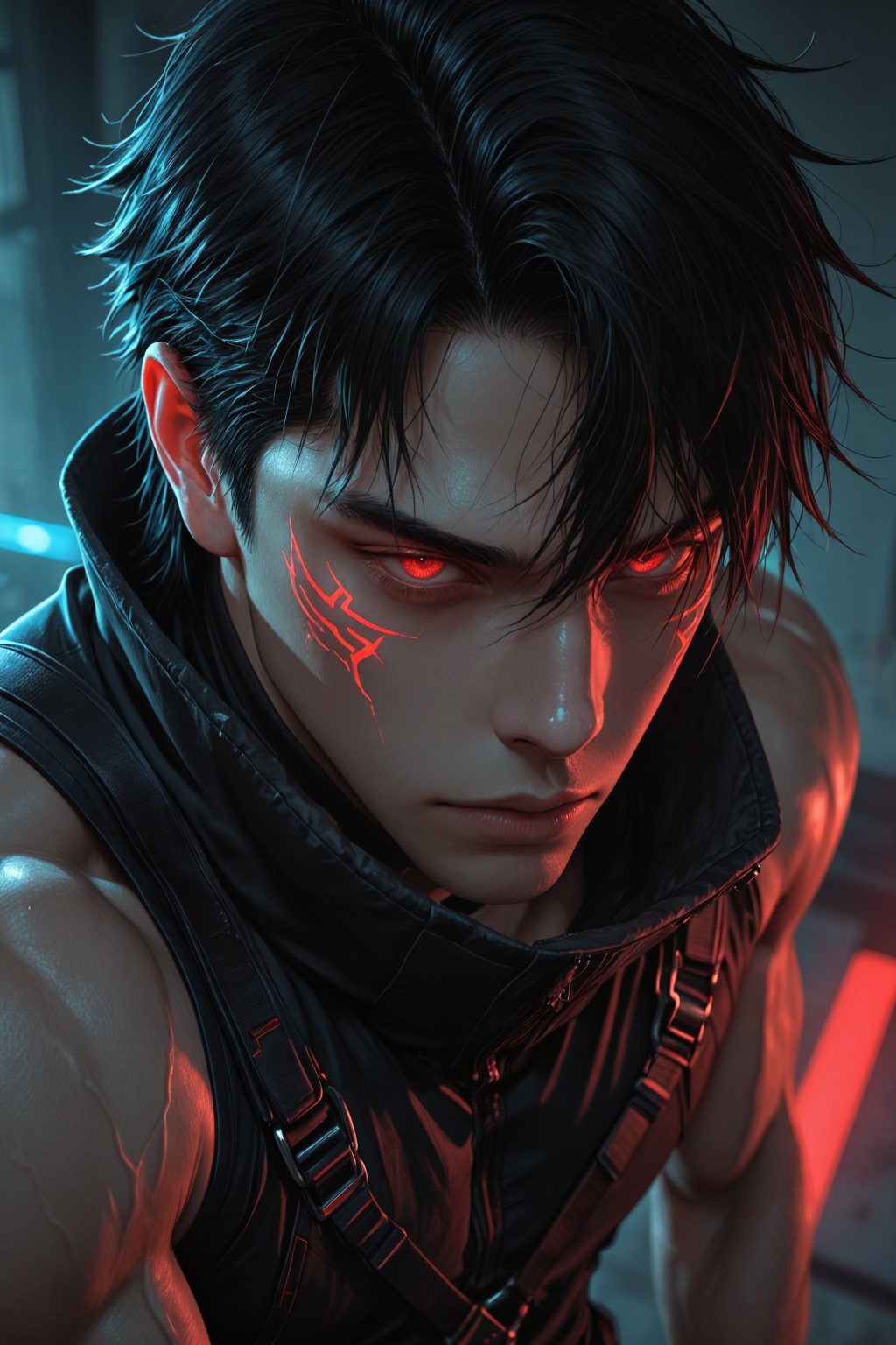 ........ .......... ,  A detailed male focus portrait of Sasuke Uchiha,  a young man with short black hair on Tensor.Art