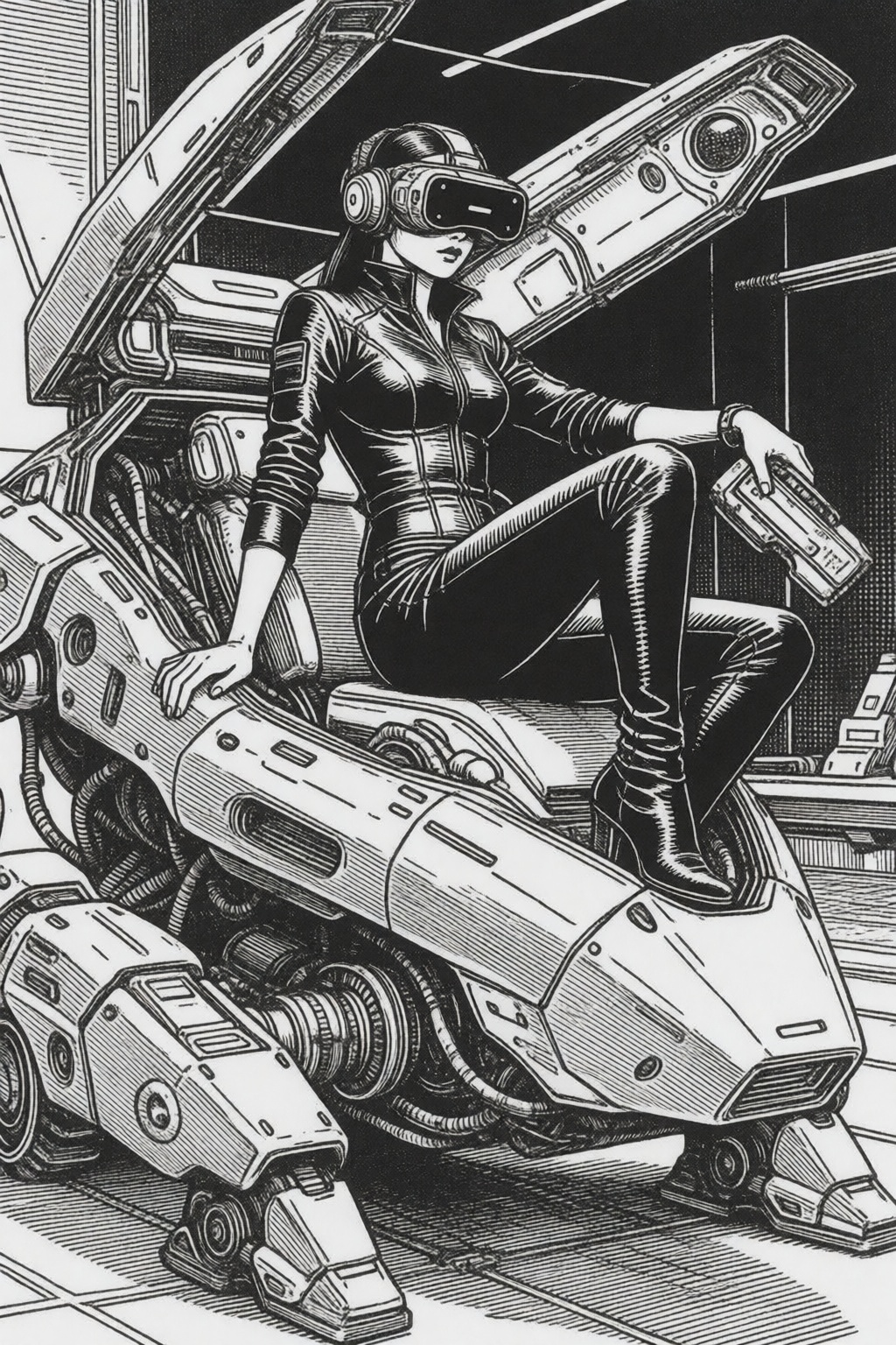 hansholbeins1k2e6. Woodcut Print. A striking,  futuristic scene depicts a woman dressed in sleek,  form-fitting leather at...
