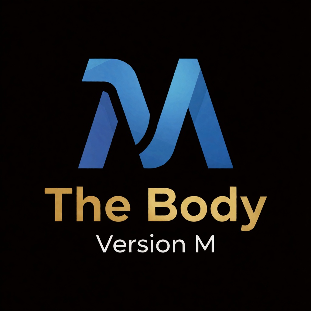 a blue logo of the letter "M",  above the golden text "The Body" underneath white text "Version M",  black background on T...