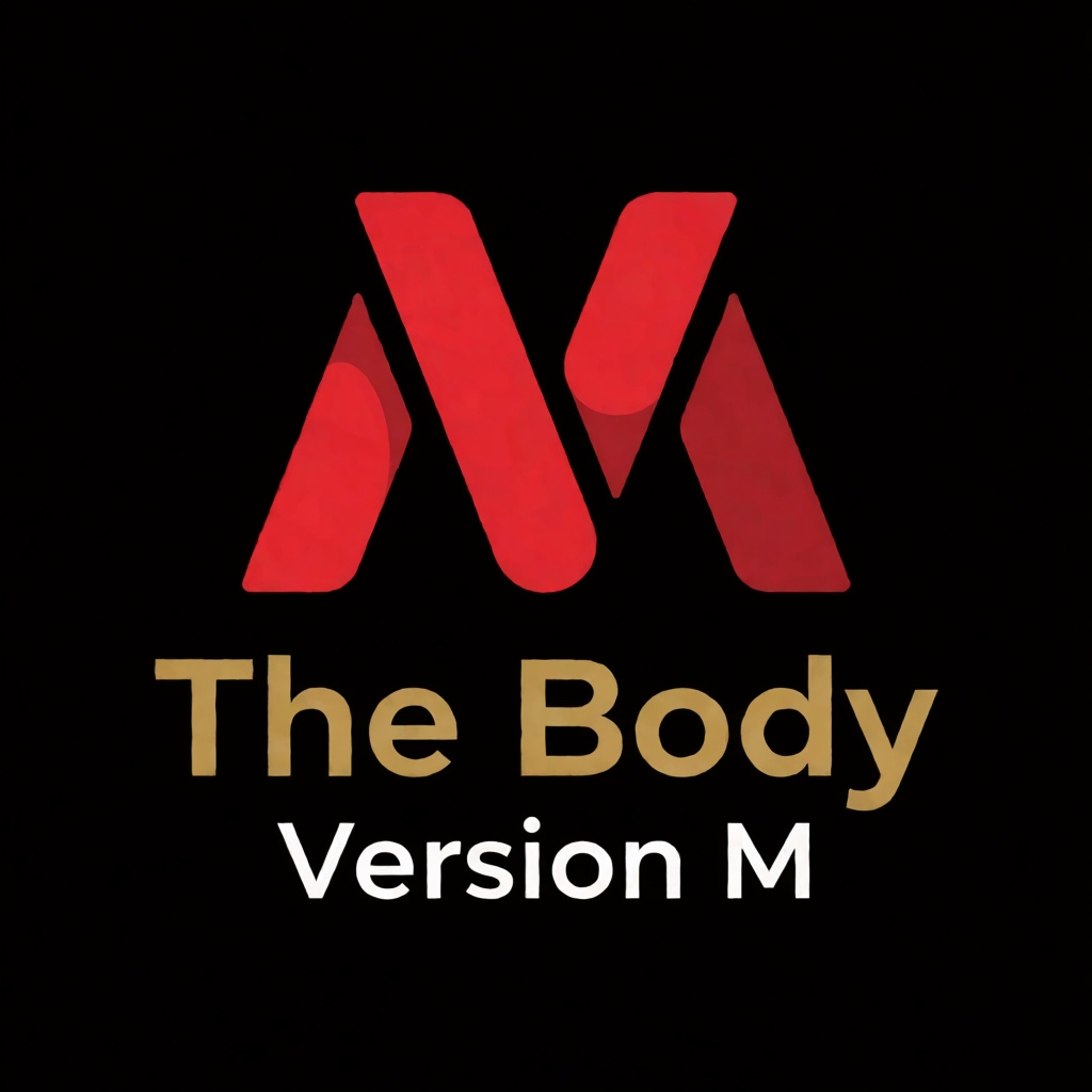 a red logo of the letter "M",  above the golden text "The Body" underneath white text "Version M",  black background on Te...