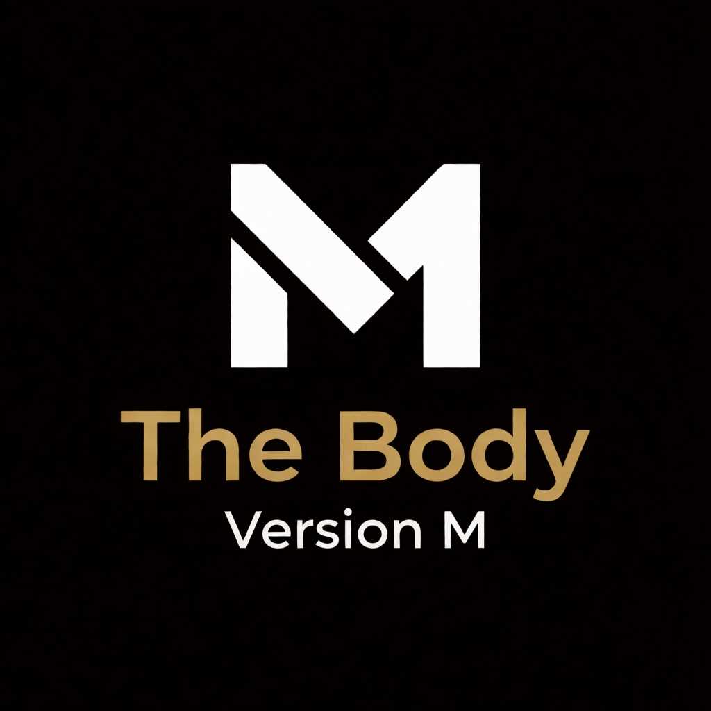 a white logo of the letter "M",  above the golden text "The Body" underneath white text "Version M",  black background on...