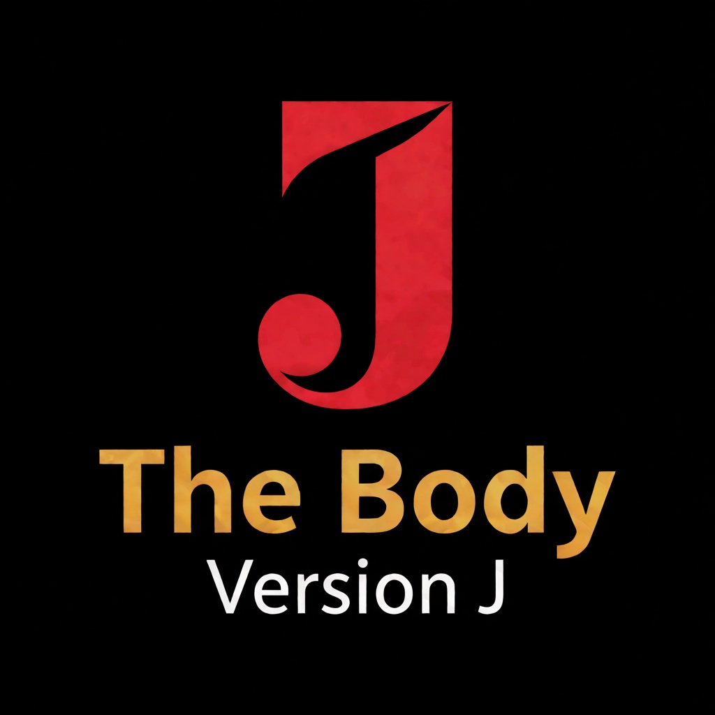 a red logo of the letter "J",  above the golden text "The Body" underneath white text "Version J",  black background on Te...