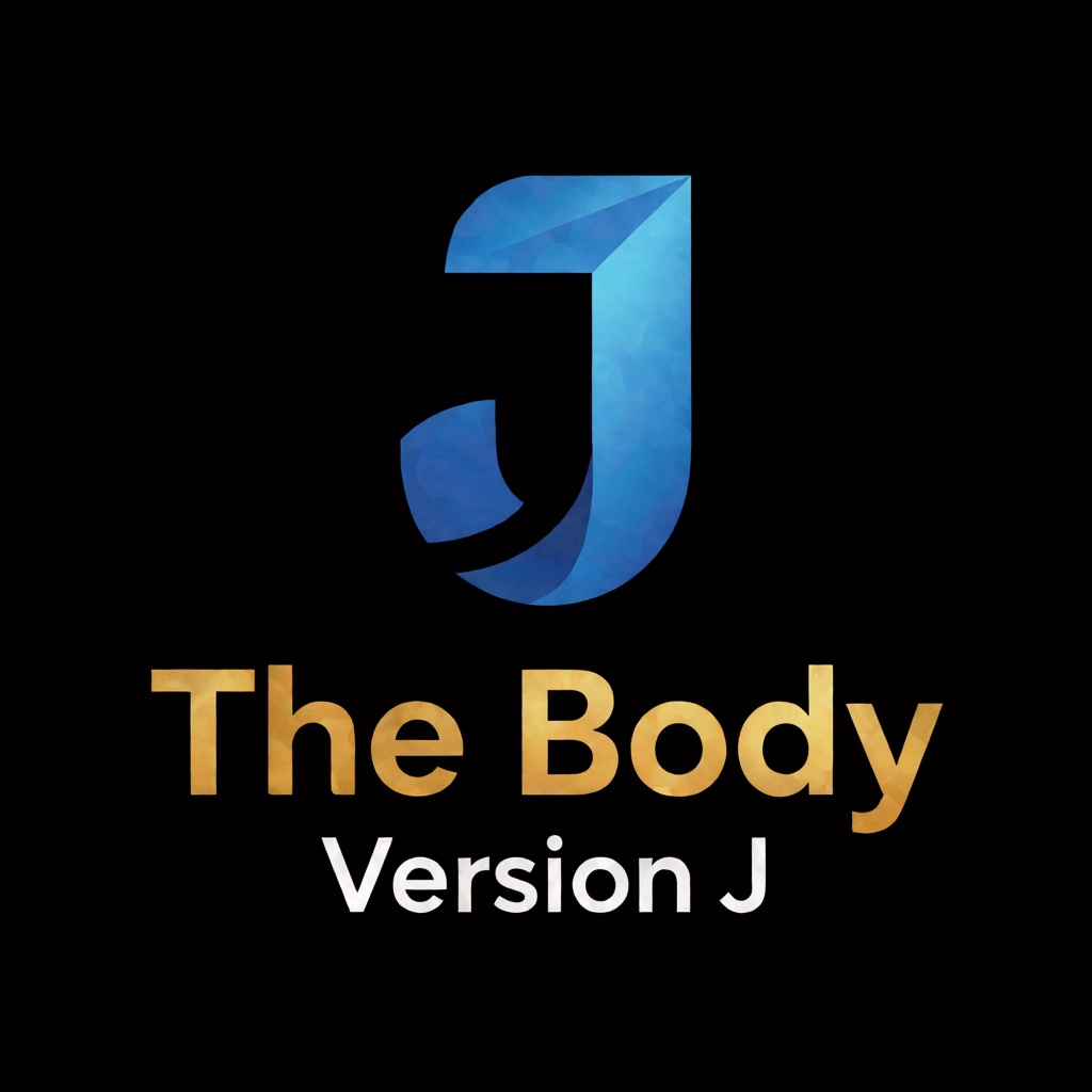 a blue logo of the letter "J",  above the golden text "The Body" underneath white text "Version J",  black background on T...