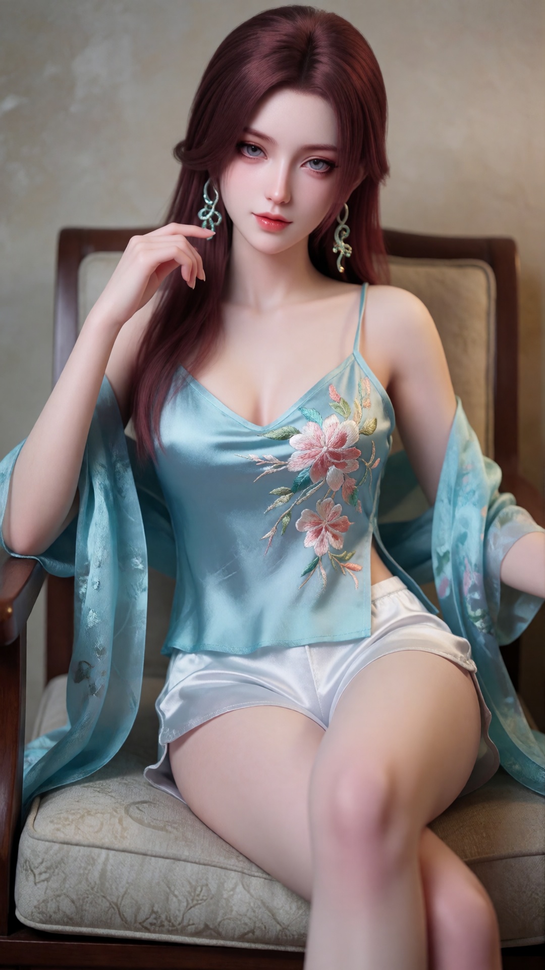 yushiqie,  The image depicts a young woman sitting on a cushioned chair. She is wearing a light blue silk camisole with fl...