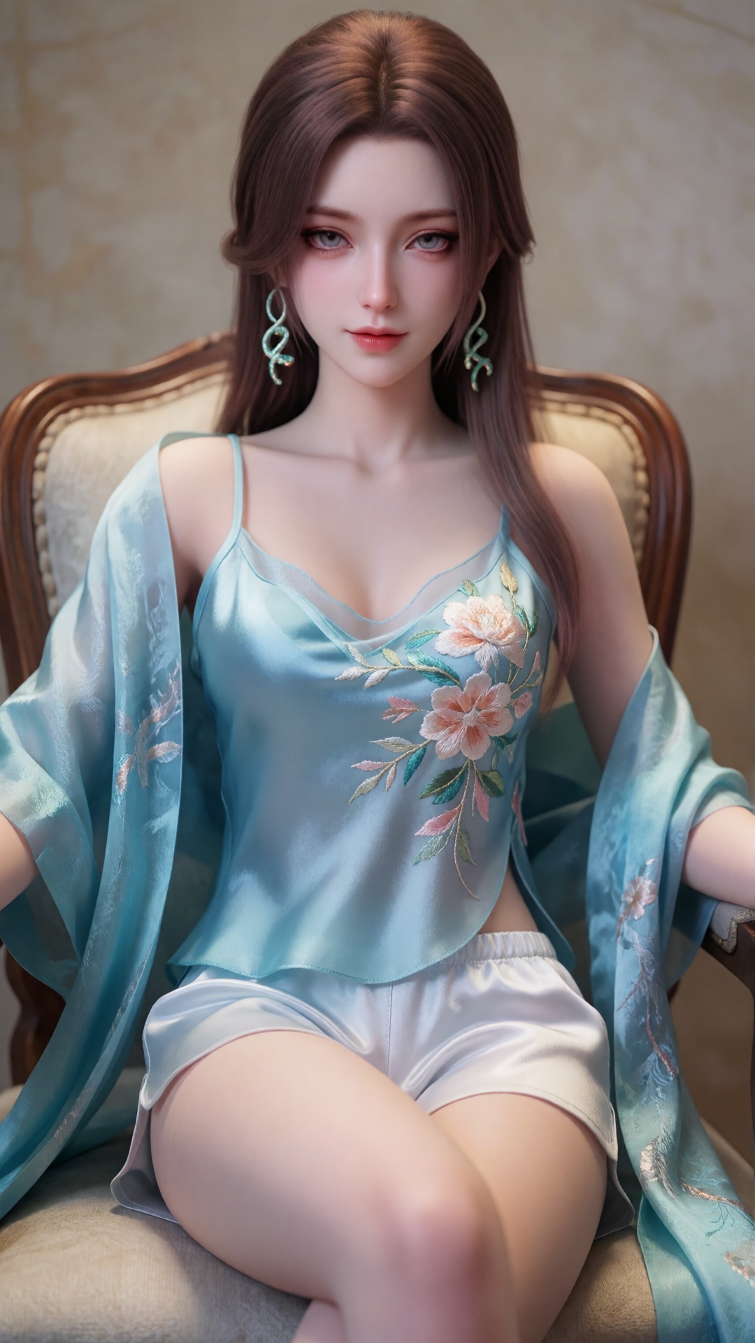 yushiqie,  The image depicts a young woman sitting on a cushioned chair. She is wearing a light blue silk camisole with fl...