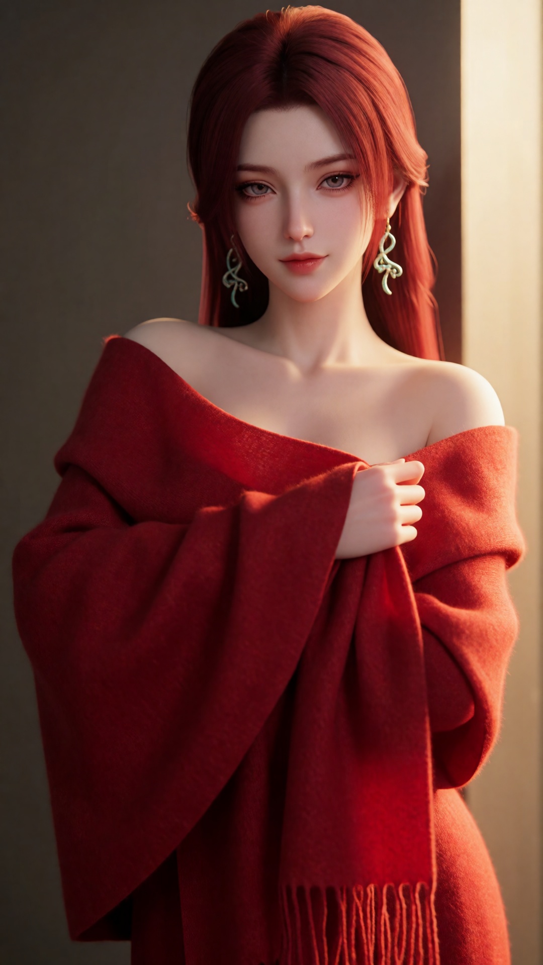 yushiqie,  A stunning 18-year-old Chinese woman wraps herself in a vibrant red scarf,  posing seductively against a sleek...