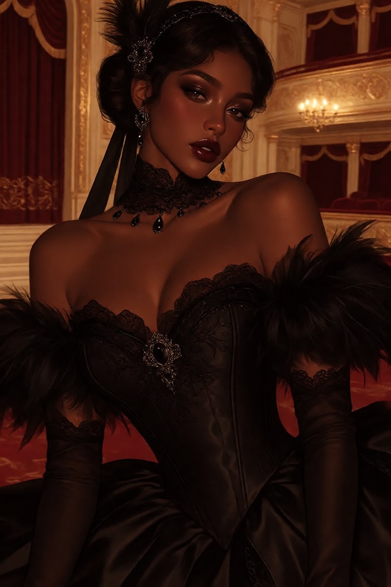 a polished half-body digital illustration of an extraordinarily beautiful black swan heiress rendered in a refined pseudo-...
