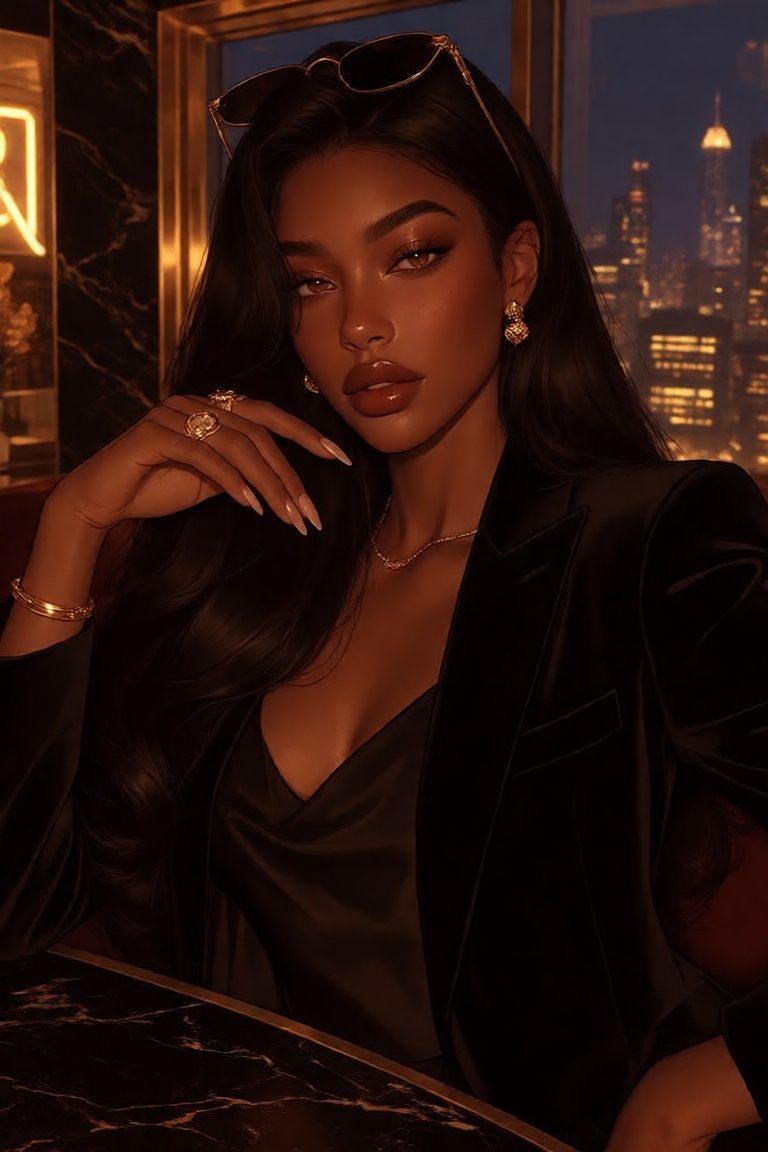 a polished half-body digital illustration of an extraordinarily beautiful woman rendered in a refined pseudo-realistic por...