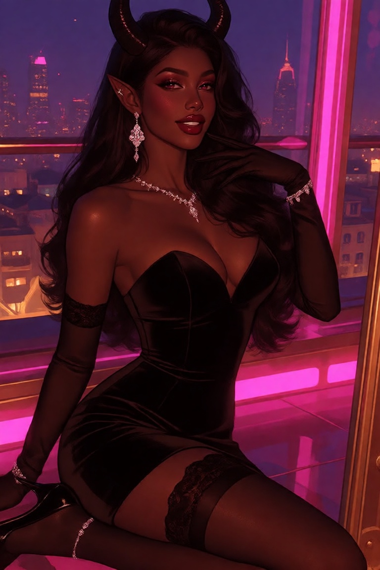 a polished half-body digital illustration of an extraordinarily beautiful succubus rendered in a refined pseudo-realistic...