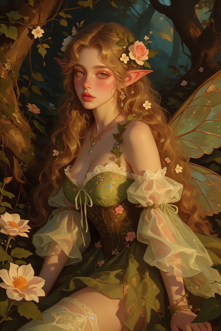 a polished half-body digital illustration of an extraordinarily beautiful forest fairy rendered in a refined pseudo-realis...