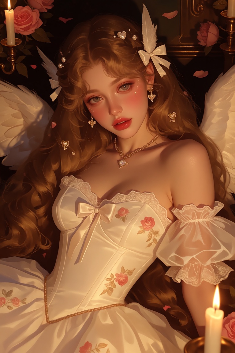 a polished half-body digital illustration of an extraordinarily beautiful Cupid rendered in a refined pseudo-realistic por...