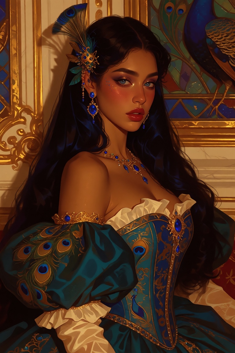 a polished half-body digital illustration of an extraordinarily beautiful peacock noblewoman rendered in a refined pseudo-...